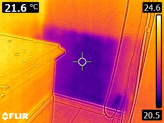 FLIR infrared thermal imaging showing hidden moisture behind wall with temperature readings