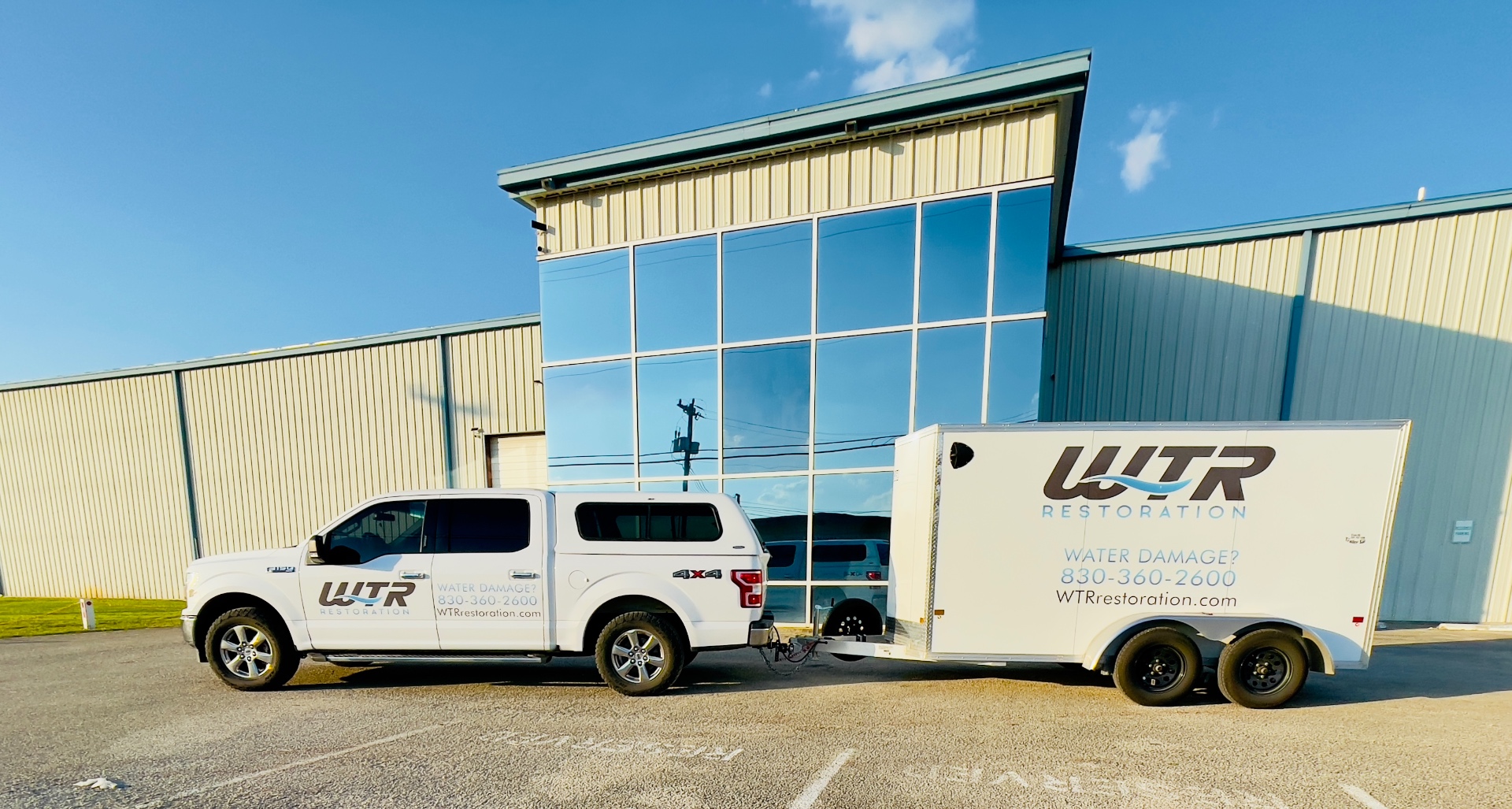 WTR Restoration F-150 with restoration equipment trailer